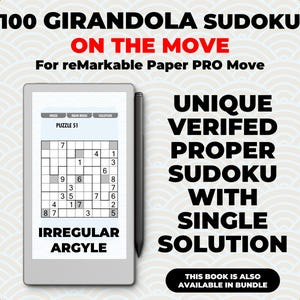 Può includere: Un tablet digitale che mostra un puzzle Sudoku, accompagnato da uno stilo. Il testo recita "100 Girandola Sudoku On The Move" e "Irregular Argyle". L'immagine promuove un libro di puzzle per il reMarkable Paper PRO Move.