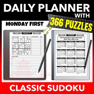 May include: A digital daily planner with a classic Sudoku puzzle. The planner includes 366 puzzles and a calendar valid for the years 2024, 2052, 2080, and 2120. The text "Monday First" is displayed.