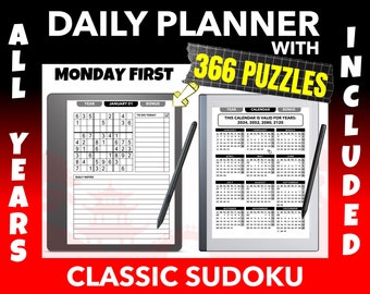 Daily Planner With 366 Classic 9x9 Sudoku Puzzles | Calendars For Next +80 Years Included | Kindle Scribe | ReMarkable 2 | Hyperlinked PDF