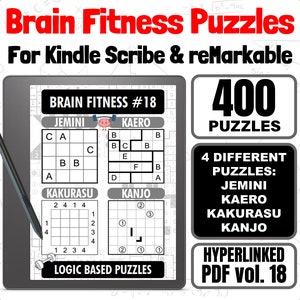 以下が含まれることがあります： Kindle Scribe と reMarkable 用の 400 個の論理パズルがデジタルタブレットの画面に表示されています。パズルには、ジェミニ、カエロ、カクラズ、カンジョが含まれています。画面には、「Brain Fitness #18」と「Hyperlinked PDF Vol. 18」というテキストも表示されています。