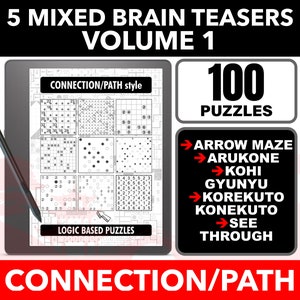 May include: A digital tablet screen displaying a collection of 100 logic puzzles. The puzzles are categorized as "Connection/Path style" and "Logic Based Puzzles". The screen also lists different types of puzzles, including Arrow Maze, Arukone, Kohi, Gyunyu, Korekuto, Konekuto, and See Through.
