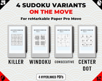 Sudoku BUNDLE 4-in-1 Designed for reMarkable Paper Pro MOVE | Killer Sudoku Windoku Consecutive Center Dot | Hyperlinked PDF