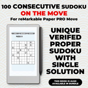 Può includere: Un tablet digitale che mostra un puzzle Sudoku, accompagnato da uno stilo. Il testo recita "100 Sudoku consecutivi in movimento" e "Sudoku corretto unico verificato con soluzione singola". Il tablet è bianco con uno stilo nero.