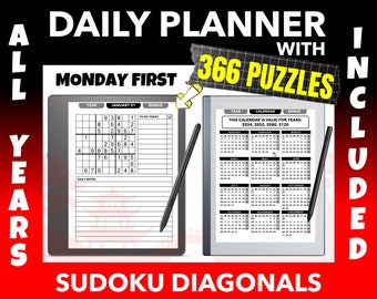 Daily Planner With 366 9x9 Sudoku Diagonals Puzzles | Calendars For Next +80 Years Included | Kindle Scribe | ReMarkable 2 | Hyperlinked PDF