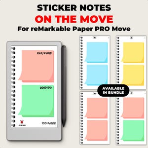 May include: A digital tablet with a stylus, and several spiral-bound notebooks with colorful sticky notes. The tablet displays a pink and green sticky note with the text "BAD/AVOID" and "GOOD/DO". The notebooks have blue, yellow, pink, and green sticky notes.