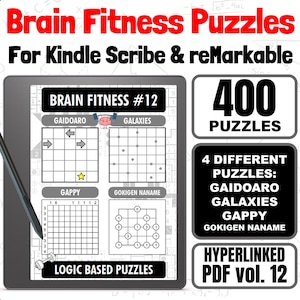 Op de afbeelding: Een digitaal tabletscherm toont een voorbeeld van logische puzzels uit een Brain Fitness Puzzles volume 12 PDF. De puzzels omvatten Gaidoaro, Galaxies, Gappy en Gokigen Naname. De tekst "400 Puzzles" wordt weergegeven in een witte doos met een zwarte rand. De tekst "Hyperlinked PDF Vol. 12" wordt weergegeven in een witte doos met een zwarte rand. De tekst "Logic Based Puzzles" wordt weergegeven in een witte doos met een zwarte rand.
