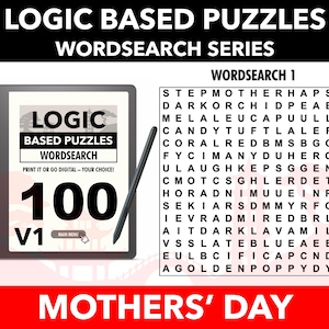 Peut inclure: Une tablette numérique affichant une grille de mots croisés avec le titre "Logic Based Puzzles Wordsearch Series" et le texte "100 V1". Le puzzle est sur le thème de la fête des mères et comprend des mots comme "Mère", "Amour" et "Cadeau".