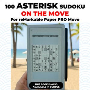 Könnte beinhalten: Ein digitales Tablet, das ein Sudoku-Puzzle mit dem Text "100 ASTERISK SUDOKU ON THE MOVE" und "For reMarkable Paper PRO Move" anzeigt. Der Bildschirm zeigt ein Zahlenraster. Ein schwarzer Stift befindet sich neben dem Tablet. Der Text "THIS BOOK IS ALSO AVAILABLE IN BUNDLE" steht unten.