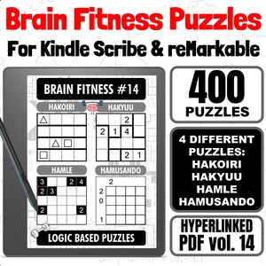 以下が含まれることがあります： Kindle Scribe と reMarkable 用の 400 個の論理パズルが、デジタルタブレットの画面に表示されています。パズルは、Hakoiri、Hakyuu、Hamle、Hamusando の 4 つのカテゴリに分類されています。画面には、「Brain Fitness #14」と「Logic Based Puzzles」のテキストも表示されています。