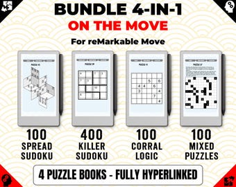 May include: A bundle of four puzzle books for reMarkable Move, featuring 100 Spread Sudoku, 400 Killer Sudoku, 100 Corral Logic, and 100 Mixed Puzzles. Each puzzle is displayed on a tablet with a stylus. The text reads "BUNDLE 4-IN-1 ON THE MOVE".