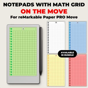 May include: A digital notepad with a math grid, a stylus, and several spiral-bound notepads in white, blue, yellow, and red. The text reads "NOTEPADS WITH MATH GRID ON THE MOVE For reMarkable Paper PRO Move".