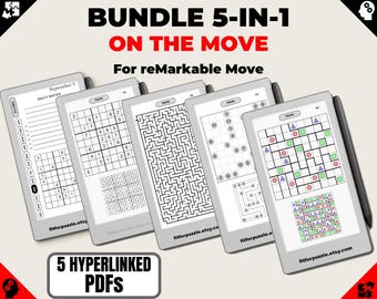 May include: A bundle of five digital puzzle PDFs for the reMarkable Move tablet. The image shows the tablet with various puzzles, including Sudoku, mazes, and logic games. Text on the image reads "BUNDLE 5-IN-1 ON THE MOVE" and "5 HYPERLINKED PDFs".