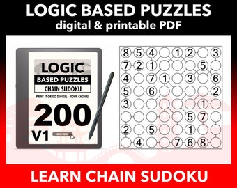 May include: A digital download of 200 logic-based chain sudoku puzzles. The cover image shows a tablet displaying the title "Logic Based Puzzles Chain Sudoku" and the text "200 V1". A stylus is next to the tablet. A sample puzzle grid is shown with numbers and empty circles.
