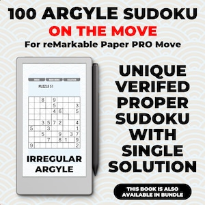 Può includere: Un tablet digitale che mostra un puzzle Sudoku con il testo "100 ARGYLE SUDOKU ON THE MOVE." Lo schermo mostra un puzzle parzialmente completato con numeri. Uno stilo è posizionato accanto al tablet. È visibile anche il testo "UNIQUE VERIFIED PROPER SUDOKU WITH SINGLE SOLUTION".