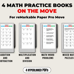 Può includere: Quattro libri di esercizi di matematica per reMarkable Paper Pro Move. L'immagine mostra quattro tablet digitali con problemi di matematica: addizione e sottrazione, moltiplicazione e divisione, problemi di parole matematiche e puzzle matematici misti.