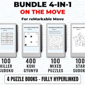 May include: A bundle of four digital puzzle books for the reMarkable Move tablet. The image shows four tablets displaying different puzzles: Sudoku, Kohi Gyunyu, Mixed Puzzles, and Star Sudoku. The text reads "BUNDLE 4-IN-1 ON THE MOVE".