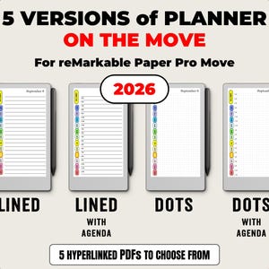 Può includere: Immagine di 5 versioni di un planner digitale per reMarkable Paper Pro Move. I planner sono visualizzati su tablet con opzioni a righe, a punti e con agenda. Il testo recita "5 VERSIONS of PLANNER ON THE MOVE" e "2026".