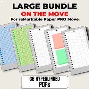 May include: A collection of digital notebooks for the reMarkable Paper PRO Move, featuring various page layouts. The image includes the text "LARGE BUNDLE ON THE MOVE" and "36 HYPERLINKED PDFs". Each notebook has a different design, including lined, grid, and blank pages.