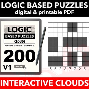 Puede incluir: Un PDF digital e imprimible de 200 rompecabezas basados en lógica con nubes. Los rompecabezas son interactivos y se pueden imprimir o completar digitalmente. La imagen muestra una cuadrícula en blanco y negro con números en la parte inferior y derecha. La cuadrícula está llena de cuadrados negros, que representan el rompecabezas.