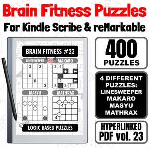 May include: A digital tablet with a stylus displays a puzzle book titled "Brain Fitness Puzzles." The cover features the text "Brain Fitness #23" and "400 Puzzles." The book includes four different puzzle types: Linesweeper, Makaro, Masyu, and Mathrax.