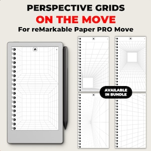 Könnte beinhalten: Ein digitales Tablet mit einem schwarzen Stift und mehreren Spiralnotizbüchern. Das Tablet und die Notizbücher zeigen Perspektivgitter-Designs. Der Text lautet "PERSPECTIVE GRIDS ON THE MOVE" und "For reMarkable Paper PRO Move."