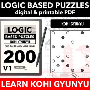 May include: A digital tablet displaying a screen with the text "LOGIC BASED PUZZLES KOHI GYUNYU" and "200 V1". The tablet is on a white background with a black stylus next to it. The text "LEARN KOHI GYUNYU" is at the bottom of the image.