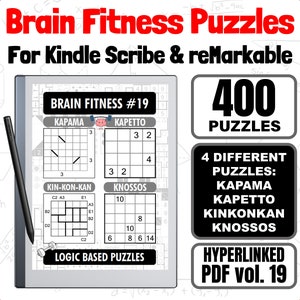 以下が含まれることがあります： Kindle Scribe タブレットにデジタルパズルブックが表示されている白黒画像。本の表紙は赤と白で、「Brain Fitness Puzzles」と「400 Puzzles」の文字が書かれている。タブレットは白い背景の上に置かれている。
