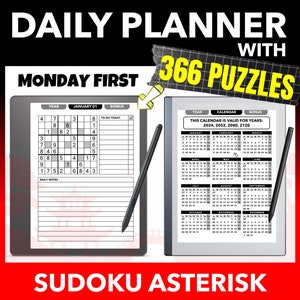 Könnte beinhalten: Ein digitaler Planer mit einem schwarz-weißen Kalender und einem Sudoku für jeden Tag des Jahres. Der Planer befindet sich auf einem Tablet mit einem Stift. Der Text auf dem Bild lautet "Daily Planner with 366 Puzzles Included" und "Monday First".