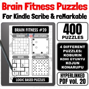 Op de afbeelding: Een zwarte en grijze stylus ligt op het scherm van een tablet waarop een digitaal puzzelboek te zien is met de titel "Brain Fitness Puzzles" met de tekst "400 Puzzles" en "Hyperlinked PDF Vol. 20". De puzzels zijn logisch en omvatten vier verschillende soorten: Koburin, Kohi Gyunyu, Kojun en Konarupu.
