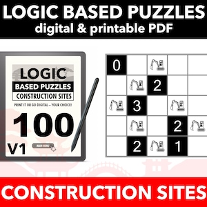100 Construction Sites Puzzles | Digital Puzzle Book | Volume 1 | Hyperlinked PDF for e-Readers & tablets + Print Ready PDF | Akari Light Up