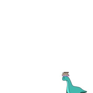 May include: A turquoise dinosaur with a stack of books on its head. The books are brown and have a pink band around them.
