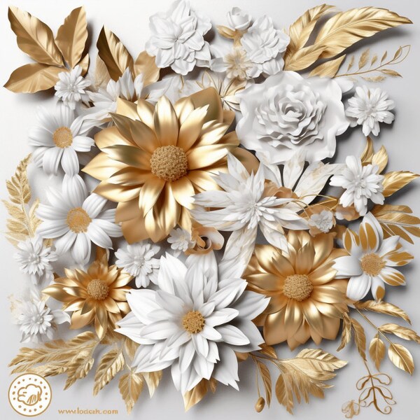 Luxurious White and Gold Floral Clipart, Glamorous Flower Design Elements