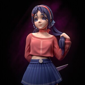 May include: A 3D rendered anime-style character with purple hair, wearing a pink cropped sweater, a blue pleated skirt, and pink and white striped stockings. The character is holding a knife in their right hand.