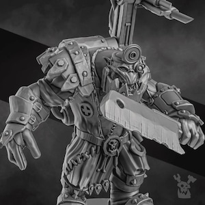 May include: A gray plastic miniature figurine of an Orc wearing a medical uniform and holding a large scalpel. The Orc has a large, toothy grin and is wearing a helmet with a medical symbol on it.