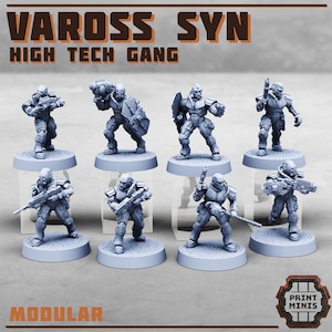 May include: A set of eight grey plastic miniature figures of futuristic soldiers, each with a different pose and weapon. The figures are standing on round bases and are labeled "Vaross Syn High Tech Gang".