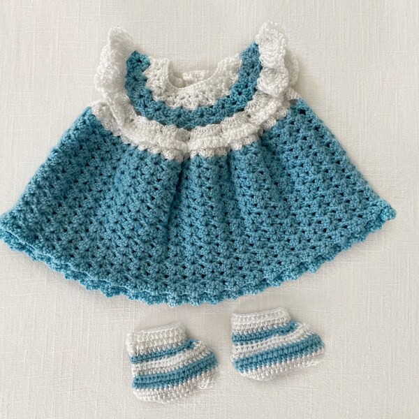 Crochet White And Blue Baby Dress Ensemble, Acrylic Yarn 100% Handmade Knitted Baby Set