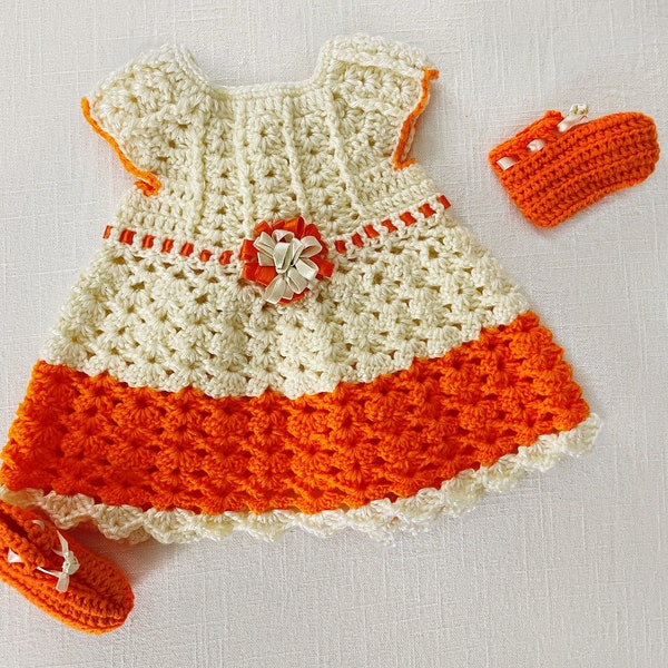 Crochet Baby Dress Ensemble, Acrylic Yarn 100% Handmade Knitted Baby Set