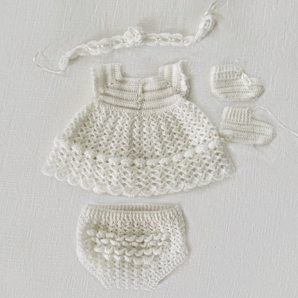 Crochet White Baby Dress Ensemble, Knitted Baby Dress 100% Handmade