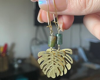 Monstera Magic, Handmade Dangle Earrings, Raw Brass Laser Cut Pendants, Upcycled Green Gemstones, 24 Karat Gold Ear Wire Hooks