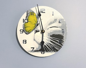 Cat Wall Clock with Butterfly: Unique Kitten Decor, Gift for Cat Lovers
