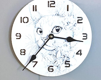 Cat Clock: 7 Inch Minimalist Black & White Floral Design