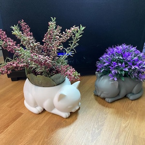May include: Two cat-shaped planters, one white and one gray, each holding artificial plants. The white planter contains pink and green sprigs, while the gray one has purple foliage. Both planters are on a wooden surface.