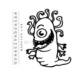 May include: A black and white line drawing of a cartoon monster with one eye, a wide open mouth, and multiple tentacles. The monster is smiling and has a tongue sticking out.