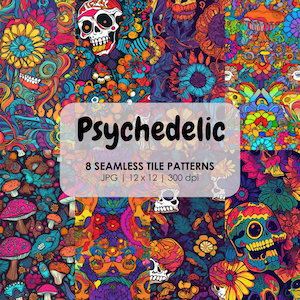 May include: A colourful psychedelic design with skulls, flowers, and mushrooms in a variety of hues. The image includes the word "Psychedelic" and details about 8 seamless tile patterns, JPG format, 30.48 x 30.48 cm, and 300 dpi.