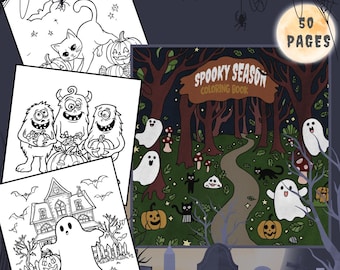 May include: A Halloween-themed coloring book with the text "Spooky Season" and 50 pages. The cover features a forest scene with ghosts, pumpkins, and black cats. Additional coloring pages show monsters, cats, and haunted houses.