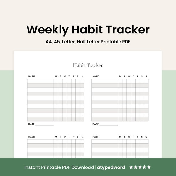 Weekly Habit Tracker Printable, Habit Tracker, Routine Tracker, Habit Tracker Template, A4/A5/Letter/Half Letter, PDF Printable Download