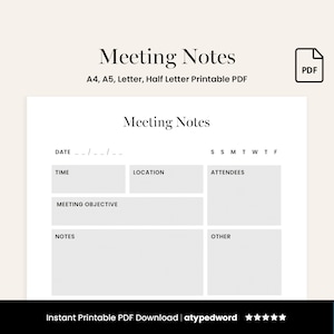 Meeting Notes Planner Template, Meeting Minutes & Agenda, Business Note Taking, A4/A5/Letter/Half Letter, PDF Printable Download