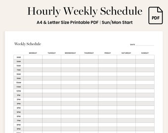 Hourly Weekly Schedule Planner: A4/Letter Printable (PDF Download)