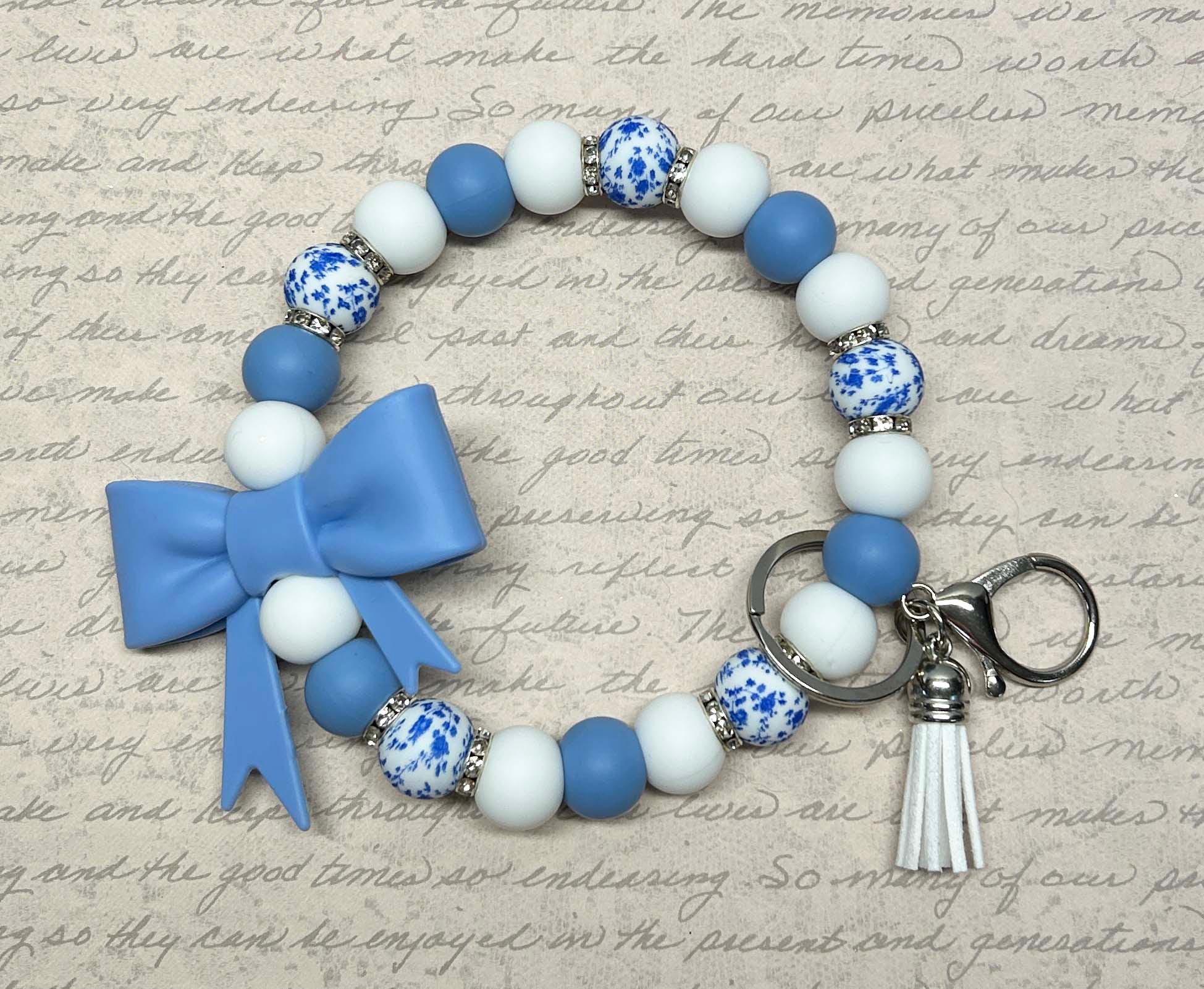 Blue Bow Silicone Beaded Wristlet Keyring: XL Coquette Cottage Preppy Style