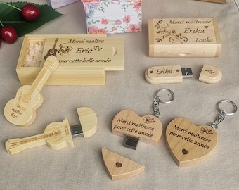 Clé USB 32 GO en bois personnalisée. Coffret guitare ou porte clé coeur, Cadeau homme ou femme Saint Valentin, anniversaire, mariage, couple